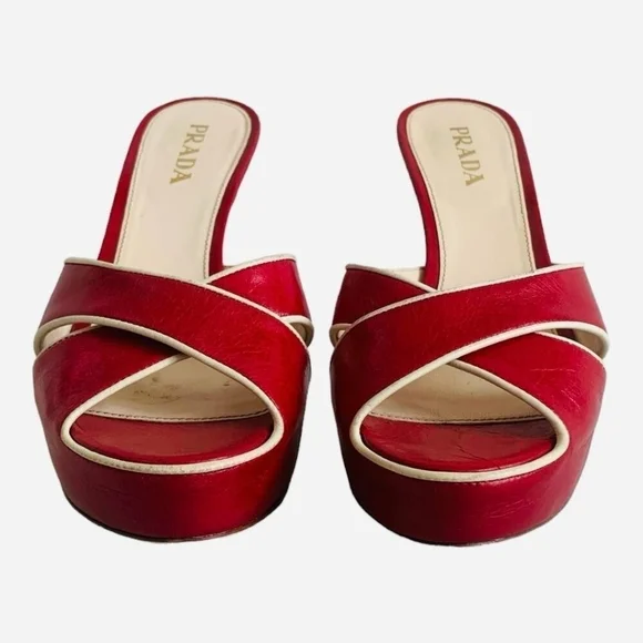 Prada Vitello Raspberry Beige Leather Platform Peep Toe High Heel Sandals